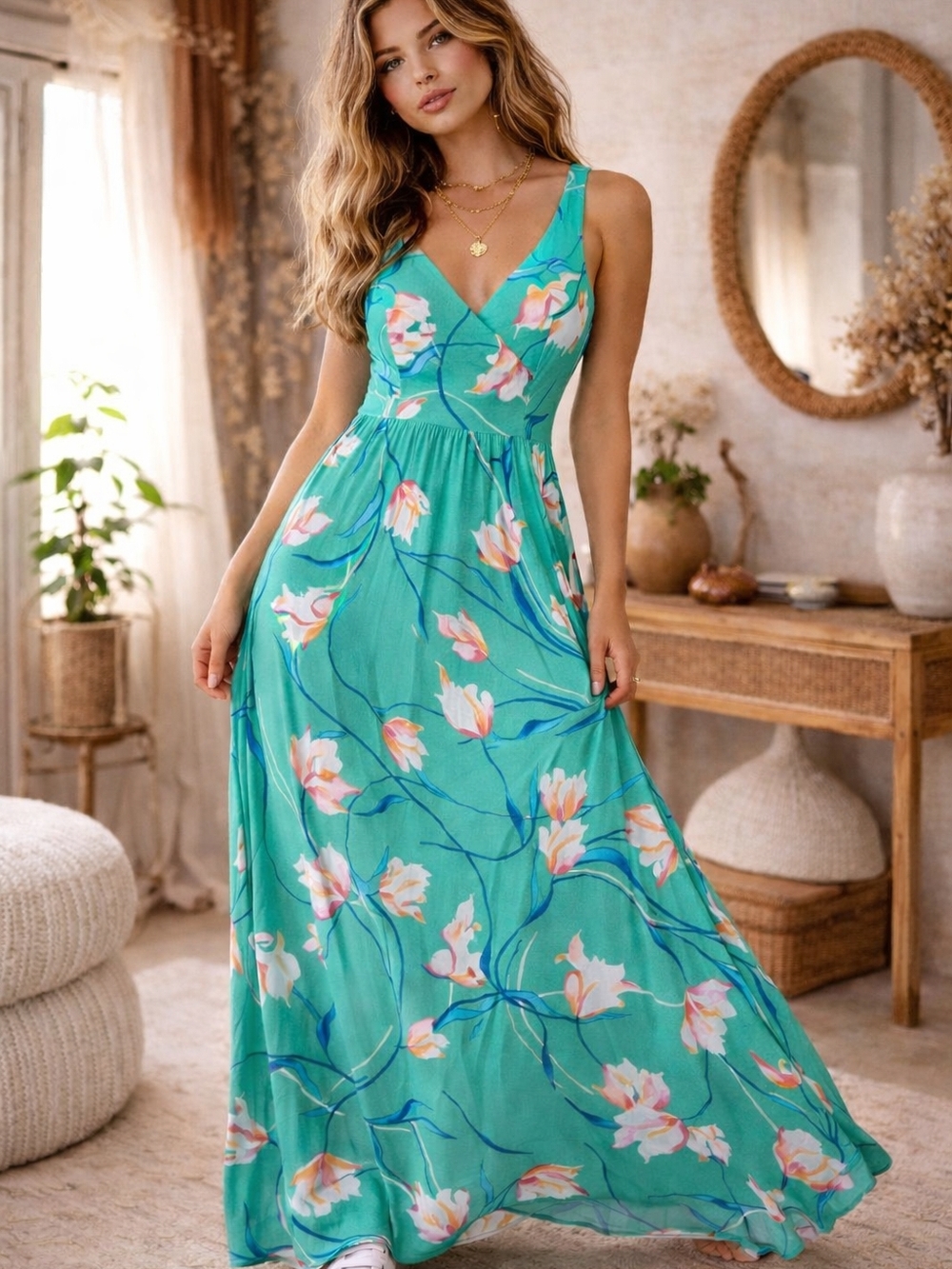 JM Collection Floral Maxi Dress Size 8 Green Sleeveless Flowy Midi Dress
